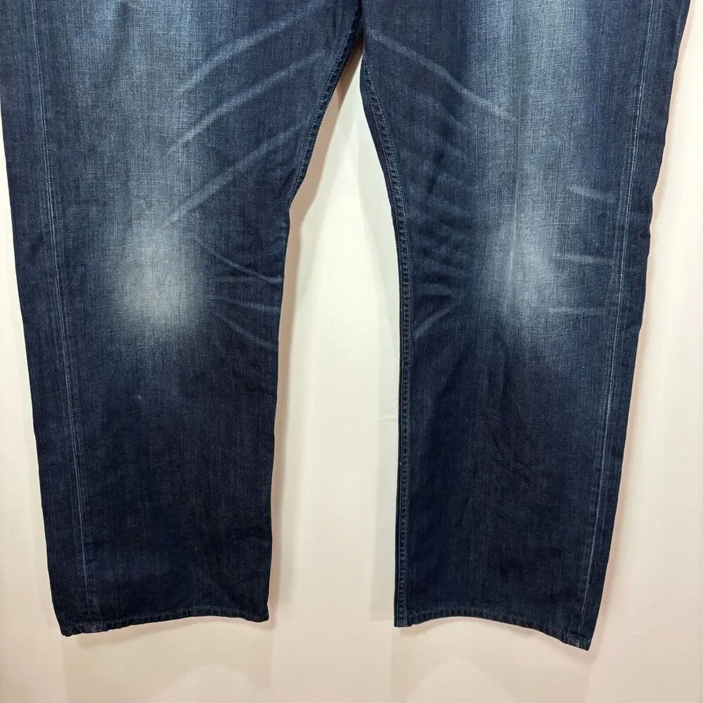 Levis Flex 569 Loose Straight Jeans Mens 44X32 Dark Blue Wash Distressed Y2K